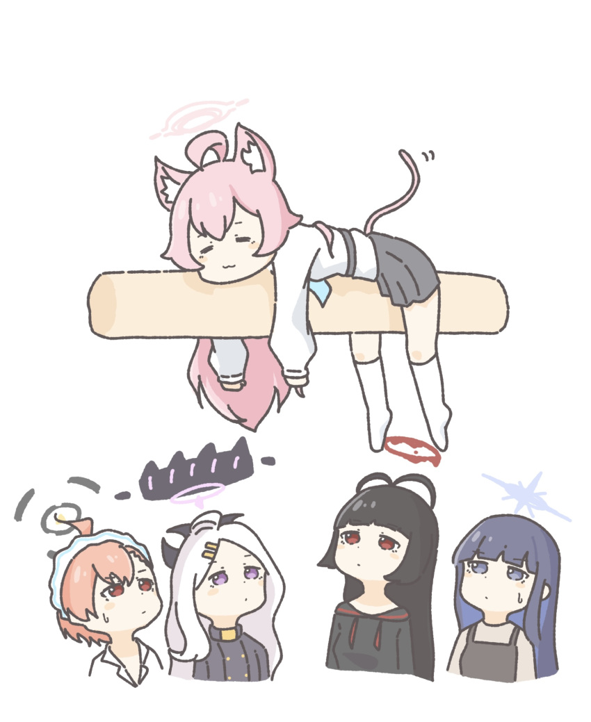5girls ahoge animal_ears antenna_hair black_skirt blue_archive cat_ears cat_tail comedy cropped_torso demon_horns enobun3gyo halo highres hina_(blue_archive) horns hoshino_(blue_archive) kemonomimi_mode long_hair looking_at_another looking_up lying multiple_girls neru_(blue_archive) on_stomach saori_(blue_archive) school_uniform shirt simple_background skirt sweatdrop tail trait_connection tsurugi_(blue_archive) upper_body very_long_hair white_background white_shirt