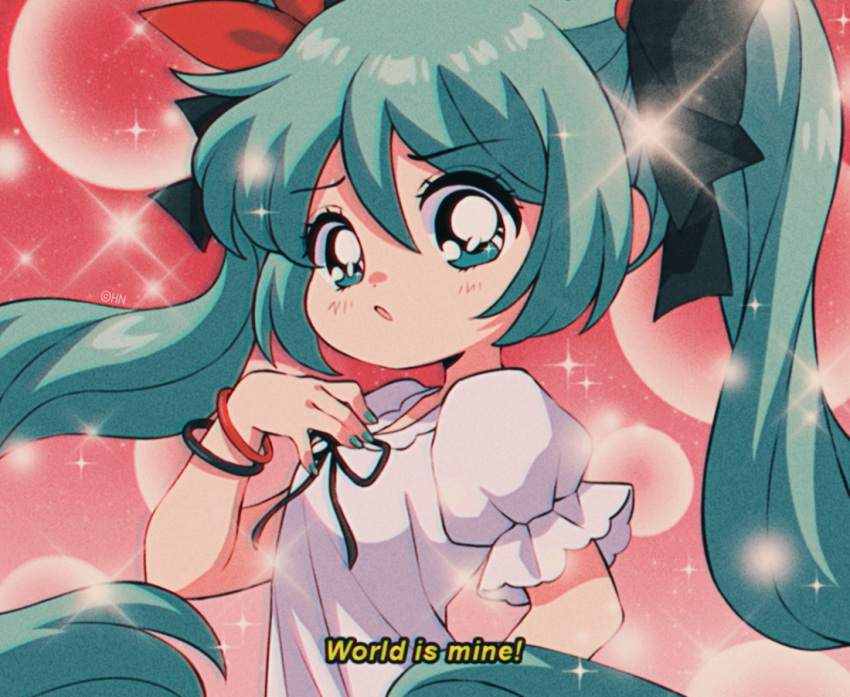 1990s_(style) 1girl black_bow black_ribbon blouse bow bracelet english_text fake_screenshot fake_subtitles green_eyes green_hair green_nails hair_bow hair_ornament hatsune_miku hn_(artist) jewelry long_hair looking_at_viewer nail_polish open_mouth project_diva project_diva_(series) puffy_sleeves red_bow retro_artstyle ribbon shirt sidelocks solo subtitled twintails upper_body vocaloid white_shirt world_is_mine_(vocaloid)