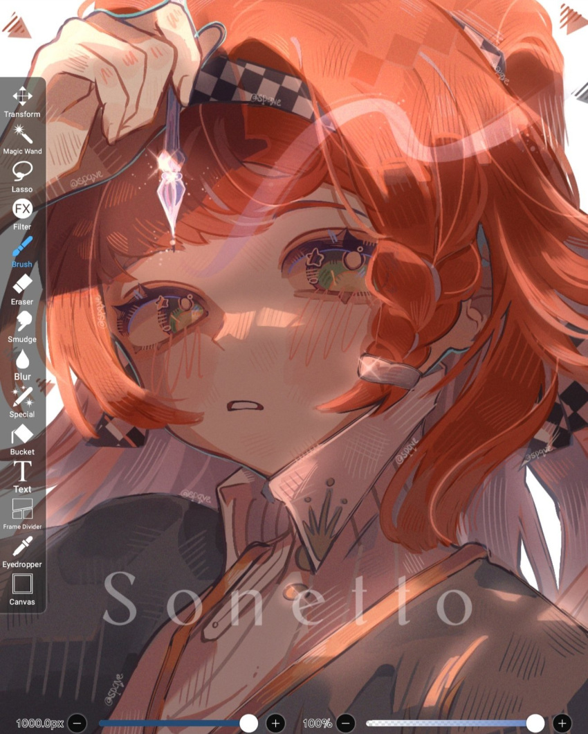 1girl art_program_in_frame blush braid character_name checkered_hairband commentary english_commentary english_text green_eyes high_collar highres holding long_hair looking_at_viewer orange_hair parted_lips reverse:1999 side_braid solo sonetto_(reverse:1999) spqve upper_body