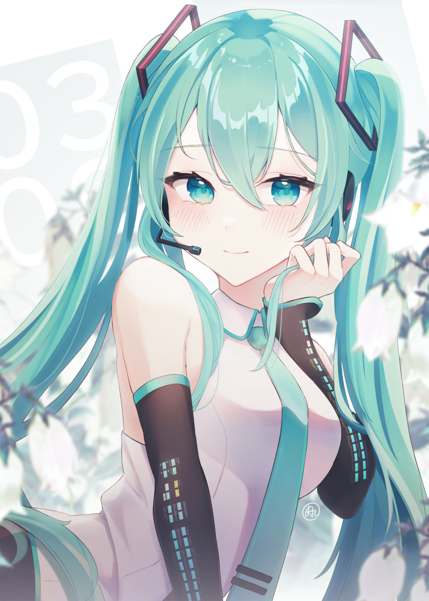 1girl aftergardens black_skirt blue_eyes blue_hair blush breasts detached_sleeves hatsune_miku highres long_hair looking_at_viewer microphone miku_day necktie skirt solo twintails vocaloid