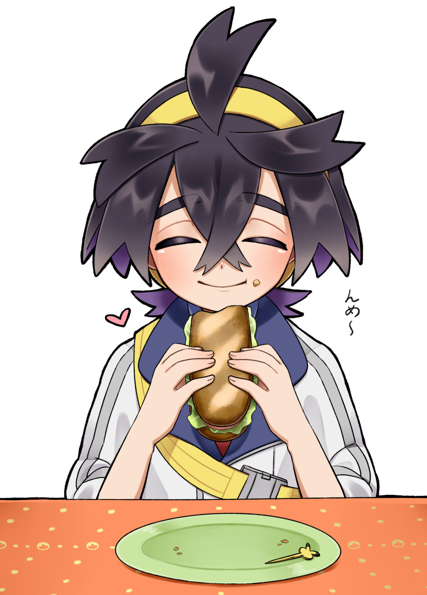 1boy ahoge black_hair buckle closed_eyes closed_mouth colored_inner_hair commentary_request crossed_bangs facing_viewer food food_on_face hair_between_eyes hairband heart highres holding holding_food jacket kieran_(pokemon) kyouka._(kyouka) lettuce male_focus multicolored_hair plate pokemon pokemon_(game) pokemon_sv sandwich skewer smile solo strap table white_background white_jacket yellow_hairband