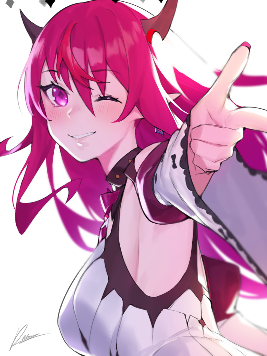 breasts dasdokter detached_collar detached_sleeves dress earrings highres hololive hololive_english horns irys_(hololive) irys_(irys_2.0)_(hololive) jewelry long_hair multicolored_hair nail_polish one_eye_closed pink_eyes pink_nails pointy_ears purple_hair redhead smile virtual_youtuber white_background