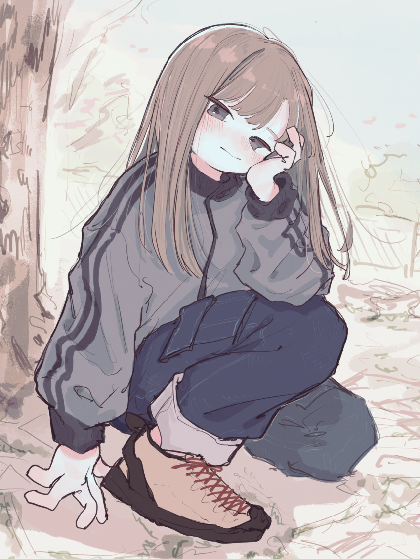 1girl absurdres blush brown_footwear brown_hair closed_mouth denim grey_eyes grey_jacket hand_on_own_cheek hand_on_own_face highres jacket jeans long_sleeves looking_at_viewer on_one_knee original outdoors pants shoes solo track_jacket tree yunoki_itsugu