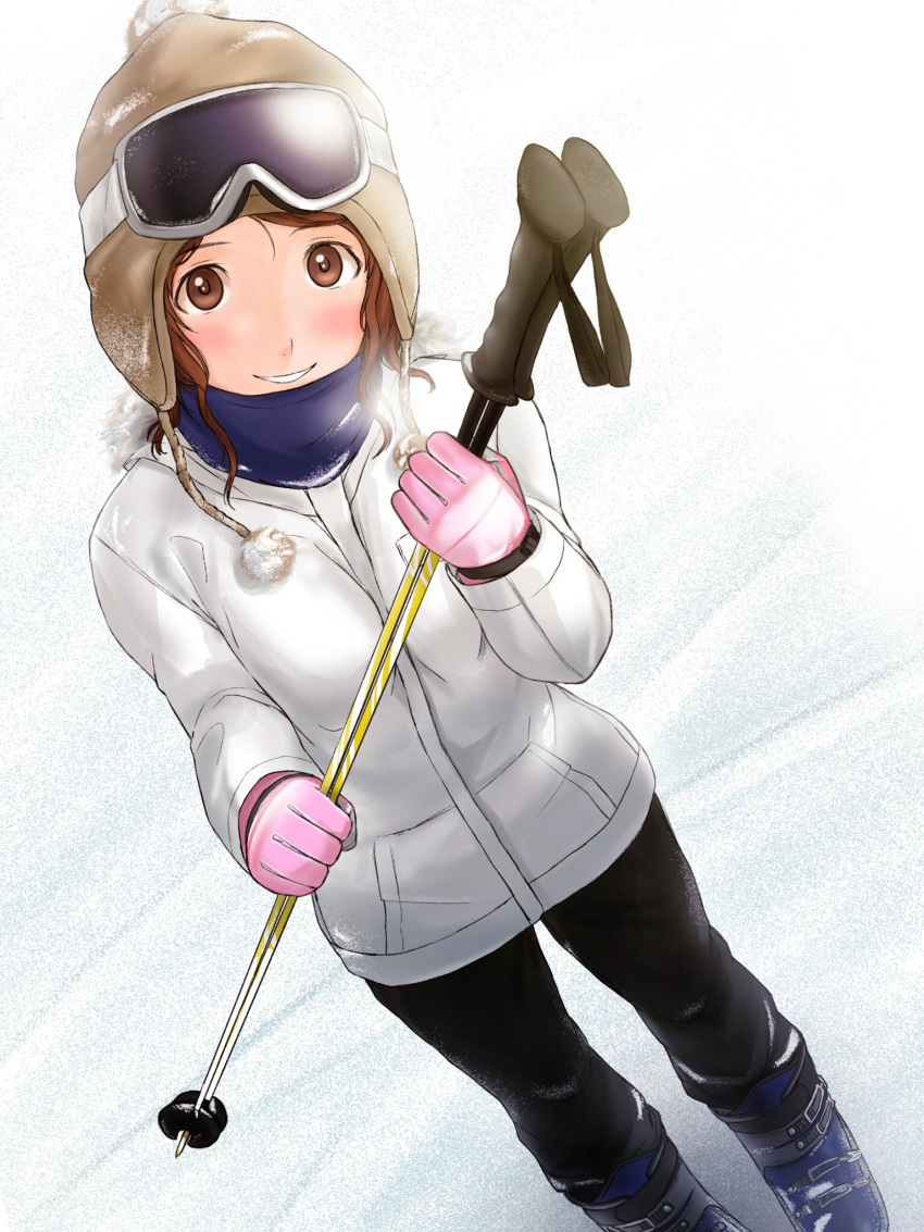 1girl amagami black_pants blue_scarf blush brown_eyes brown_hair brown_headwear clenched_teeth gloves goggles goggles_on_head goggles_on_headwear highres holding_ski_pole jacket long_sleeves looking_at_viewer nakata_sae outdoors pants pink_gloves scarf ski_boots ski_gear ski_goggles ski_pole smile snow solo standing takenoko_saba_otto teeth white_jacket winter winter_clothes