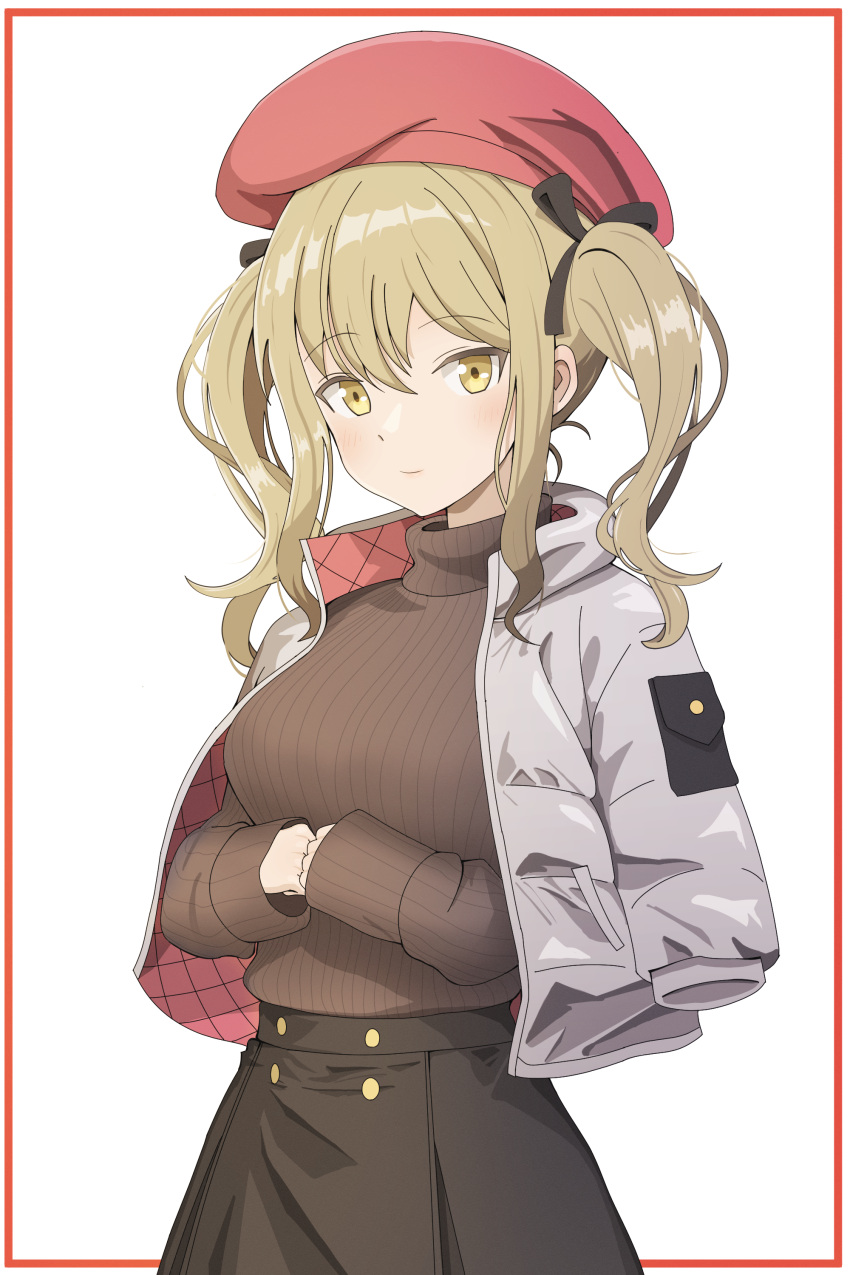 1girl absurdres beret blonde_hair blush bow brown_sweater english_commentary gilijim girls_frontline hair_between_eyes hair_bow hat highres jacket medium_hair open_clothes open_jacket red_headwear ribbed_sweater sidelocks skirt sten_mkii_(girls'_frontline) sweater turtleneck turtleneck_sweater twintails white_background white_jacket yellow_eyes