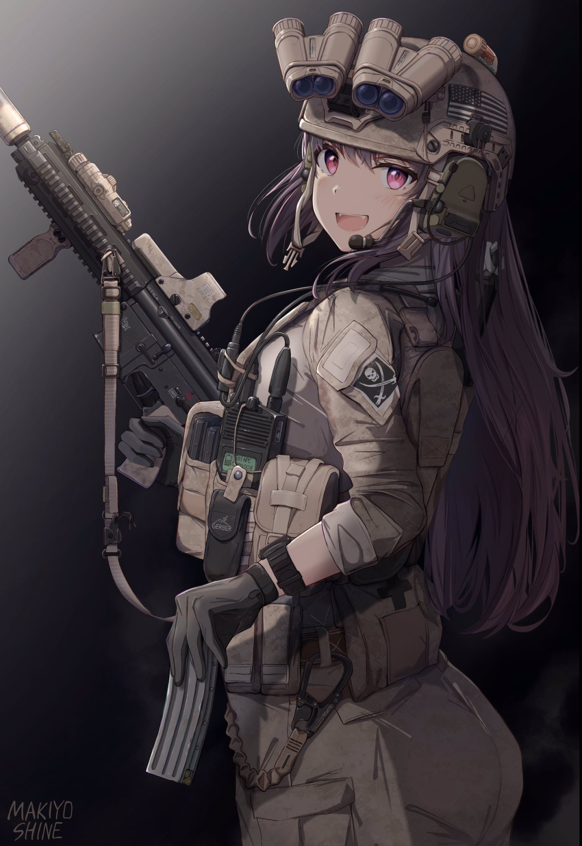 1girl american_flag artist_name ass assault_rifle black_background black_gloves camouflage chest_rig combat_helmet desert_camouflage gloves gun h&amp;k_hk416 helmet highres jacket jolly_roger long_hair looking_at_viewer makiyo_shine military_uniform optical_sight original pants patch pink_eyes pink_hair reloading rifle seal_team_six sleeves_rolled_up smile solo uniform united_states_navy vertical_foregrip watch watch weapon yellow_headwear yellow_jacket yellow_pants