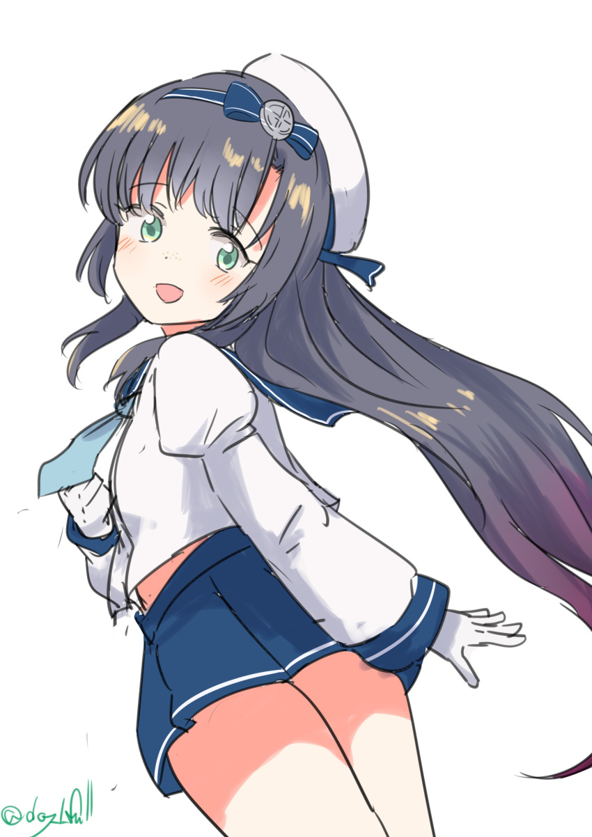 1girl absurdres black_hair blue_neckerchief blue_sailor_collar blue_skirt from_behind gloves gradient_hair green_eyes hat highres kantai_collection long_hair long_sleeves looking_at_viewer looking_back matsuwa_(kancolle) multicolored_hair neckerchief one-hour_drawing_challenge pleated_skirt purple_hair robinson_(day_l_full) sailor_collar sailor_hat school_uniform serafuku simple_background skirt solo white_background white_gloves white_headwear
