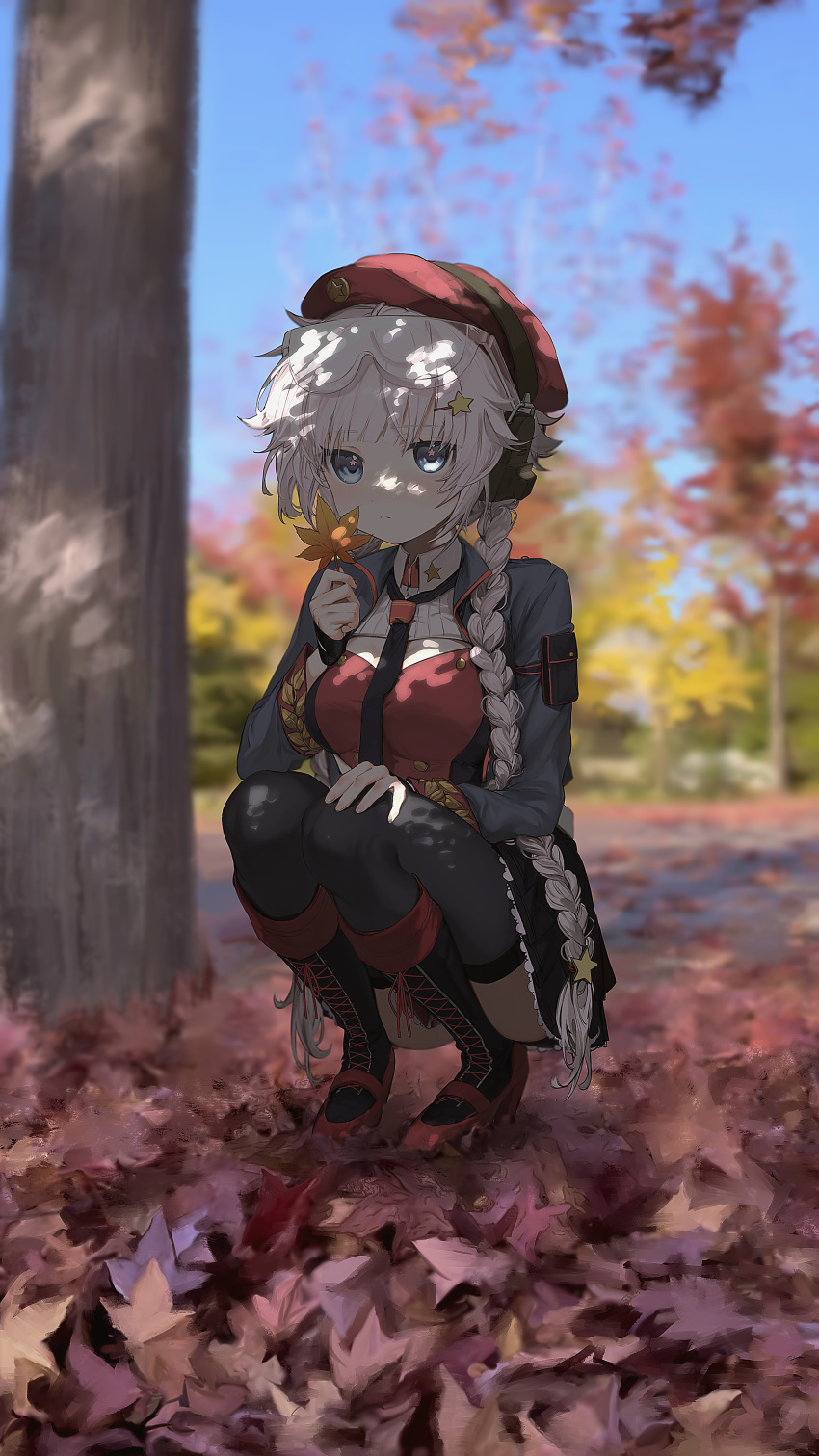 1girl absurdres autumn_leaves beret black_footwear black_gloves black_necktie black_thighhighs blue_eyes blue_jacket boots braid breasts cleavage_cutout clothing_cutout commentary_request ear_protection eyes_visible_through_hair fingerless_gloves girls_frontline gloves goggles goggles_on_head hair_ornament hairclip hand_on_own_leg hand_up hat high_heel_boots high_heels highres iitenkidesune jacket large_breasts long_hair long_sleeves looking_at_viewer necktie ots-12_(girls'_frontline) outdoors parted_lips pouch red_headwear see-through solo squatting star_(symbol) star_hair_ornament star_in_eye symbol_in_eye thigh-highs tree twin_braids very_long_hair white_hair