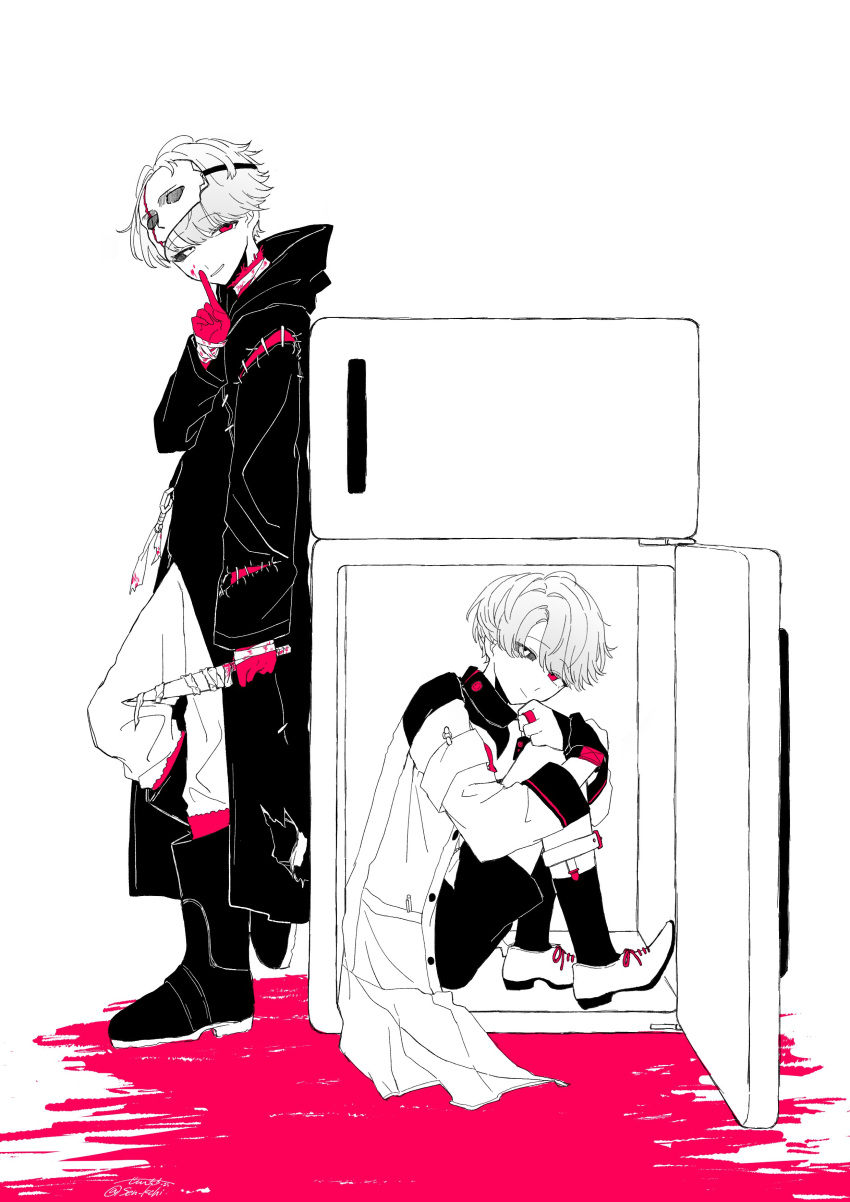 2boys absurdres ambiguous_red_liquid black_boots black_coat black_shorts boots coat dual_persona finger_to_mouth from_side full_body gloves grin hand_up highres holding holding_knife hugging_own_legs in_container in_refrigerator index_finger_raised knees_to_chest knife leaning_on_object leg_up legwear_garter limited_palette looking_at_viewer male_focus mask mask_on_head mismatched_sclera multiple_boys official_alternate_costume pants red_gloves refrigerator reverse:1999 senkichi_(sen_kchi) shoes short_hair shorts sitting smile socks standing white_background x_(breathing_in_silence)_(reverse:1999) x_(reverse:1999)