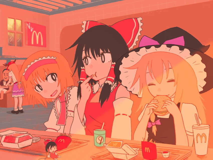 4girls :t absurdres alice_margatroid ascot baseball_cap black_eyes black_hair black_headwear black_vest blonde_hair booth_seating bow bright_pupils brown_horns burger capelet character_doll circled_9 closed_eyes closed_mouth collared_shirt commentary cookie_(touhou) cup dahaoli detached_sleeves disposable_cup eating english_commentary fast_food food french_fries frilled_bow frilled_hair_tubes frilled_hairband frilled_shirt_collar frills hair_bow hair_tubes hairband hakurei_reimu hat highres hinase_(cookie) holding holding_food horns horns_through_headwear ibuki_suika indoors irasutoya ketchup kirisame_marisa long_hair looking_at_another looking_to_the_side manatsu_no_yo_no_inmu mcdonald's medium_bangs multiple_girls necktie open_mouth pink_bow pink_hairband pink_necktie puffy_short_sleeves puffy_sleeves purple_skirt red_bow red_headwear red_shirt reu_(cookie) ribbon-trimmed_sleeves ribbon_trim sakenomi_(cookie) shirt short_hair short_sleeves sidelocks skirt sleeveless sleeveless_shirt smile table touhou tray upper_body uzuki_(cookie) vest white_capelet white_pupils white_shirt white_sleeves window witch_hat yajuu_senpai yamin_(cookie) yellow_ascot yoru_mac