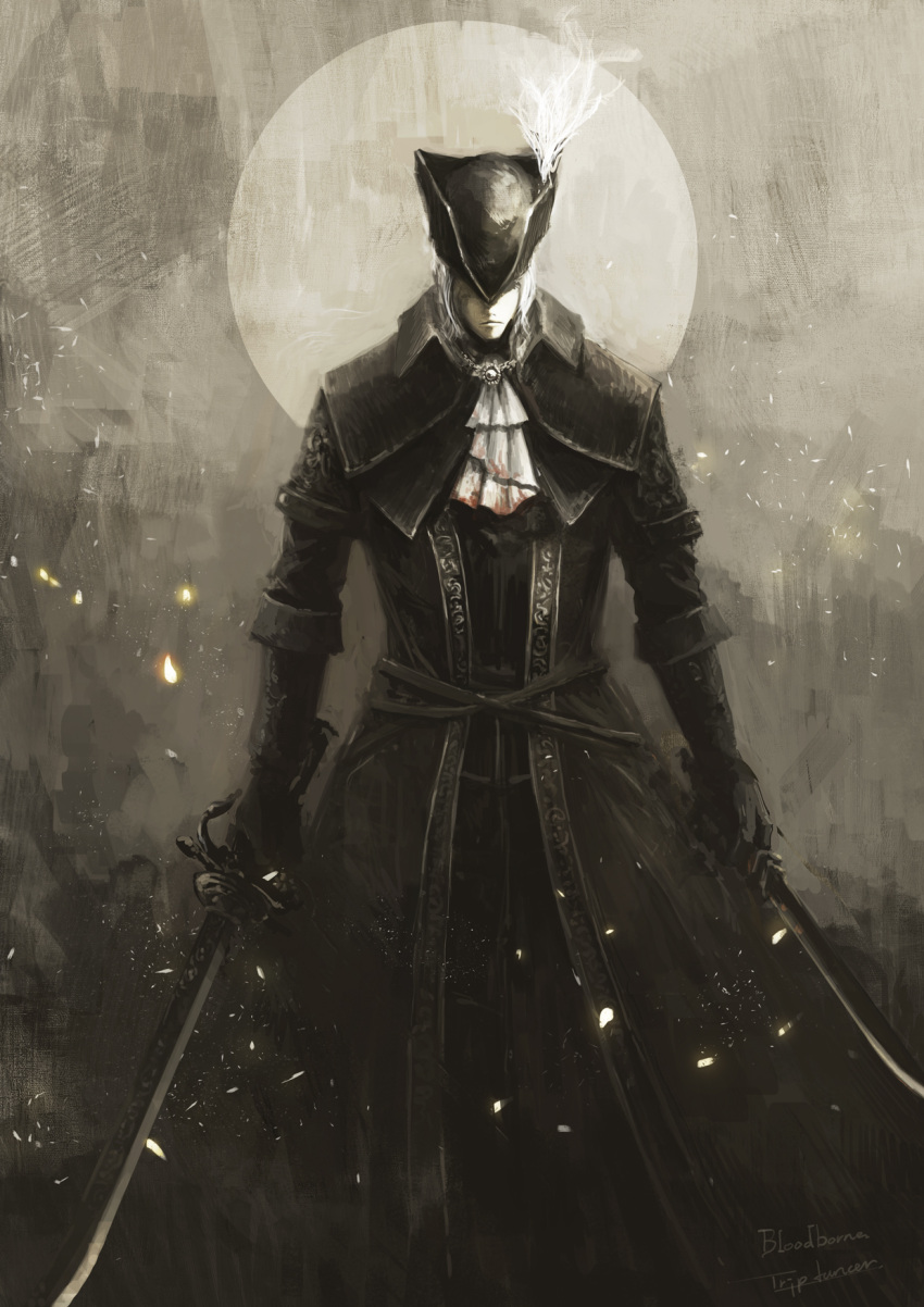 1girl artist_name ascot bloodborne closed_mouth coat copyright_name dual_wielding facing_viewer gloves grey_background grey_hair hat hat_feather highres holding holding_sword holding_weapon lady_maria_of_the_astral_clocktower layered_ascot moon short_hair solo sword tricorne tripdancer weapon