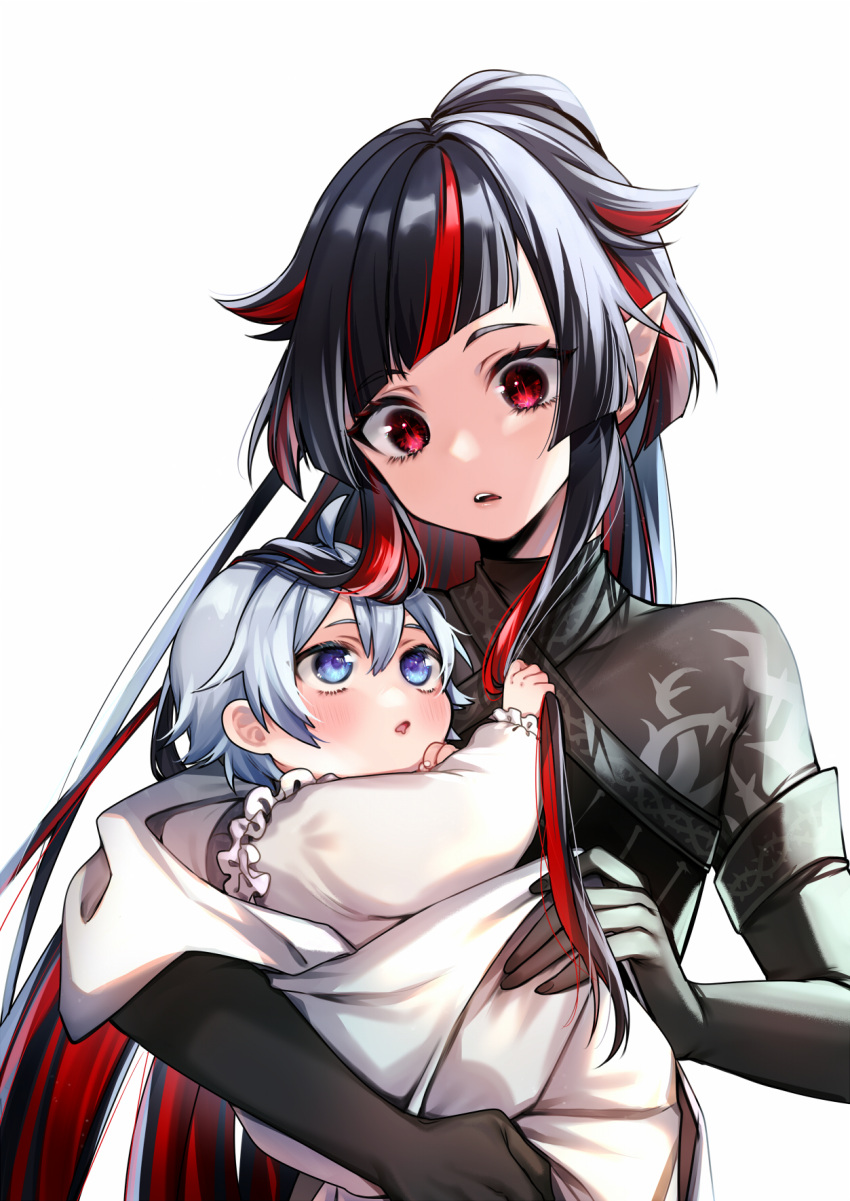 2boys :o baby black_gloves black_hair blue_eyes blunt_bangs blunt_ends blush chest_protector drooling fang gloves grey_hair hair_between_eyes hair_horns highres holding_another's_hair holding_baby lilia_vanrouge long_hair long_sleeves male_focus mouth_drool multicolored_hair multiple_boys open_mouth pointy_ears ponytail red_eyes redhead short_hair sidelocks silver_(twisted_wonderland) simple_background streaked_hair thorn_print tobidayooon twisted_wonderland two-tone_hair very_long_hair white_background