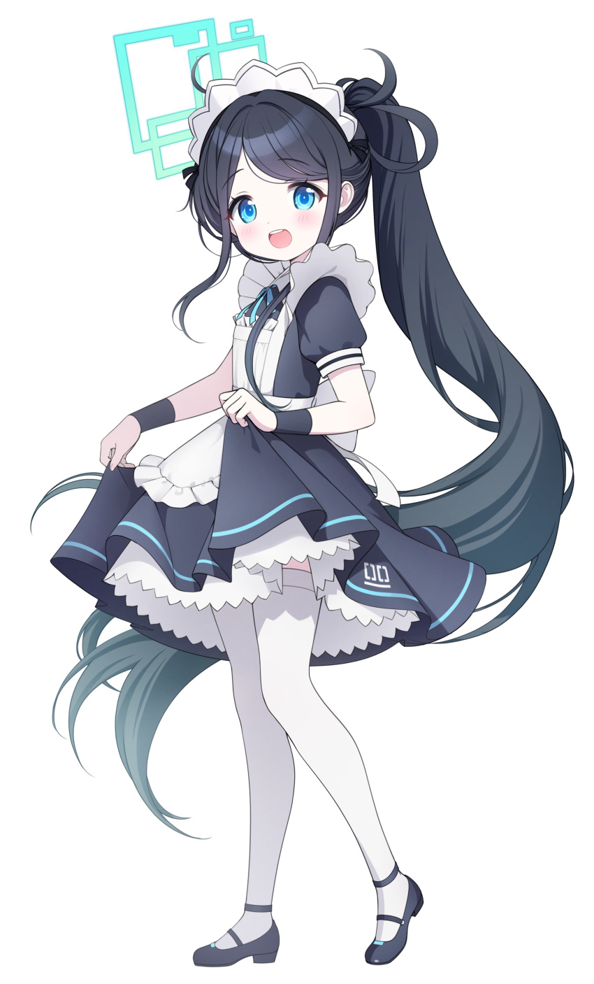 1girl absurdres apron aris_(blue_archive) aris_(maid)_(blue_archive) black_dress black_footwear black_hair blue_archive blue_eyes blush dress frilled_apron frills full_body gradient_hair halo highres long_hair looking_at_viewer maid maid_headdress multicolored_hair na1tsu2me3 open_mouth ponytail shoes short_sleeves side_ponytail simple_background solo teeth thigh-highs upper_teeth_only very_long_hair white_apron white_background white_thighhighs