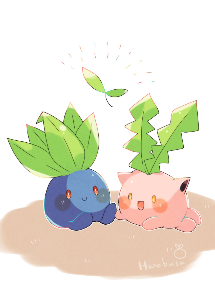 :d animal_focus artist_name blue_skin colored_skin commentary_request hanabusaoekaki highres hoppip leaf no_humans oddish pink_skin pokemon pokemon_(creature) red_eyes sitting smile solid_oval_eyes sprout white_background yellow_eyes