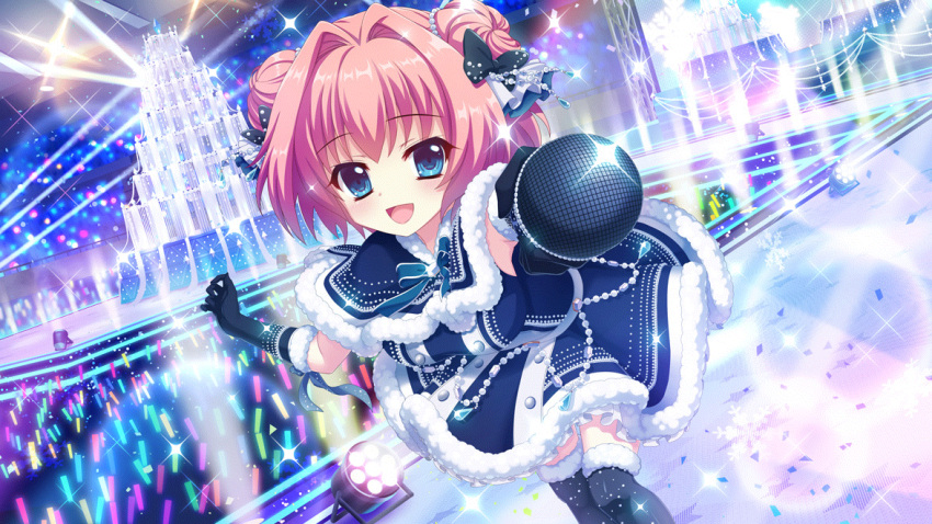 1girl :d alternate_hairstyle audience blue_capelet blue_dress blue_eyes blue_gloves breasts capelet concert dot_nose double_bun dress dutch_angle film_grain game_cg gloves glowstick hair_bun hiiragi_kae idol idol_clothes izumi_tsubasu large_breasts leaning_forward lens_flare looking_at_viewer non-web_source object_request official_art open_mouth pink_hair re:stage! smile solo sparkle stage stage_lights