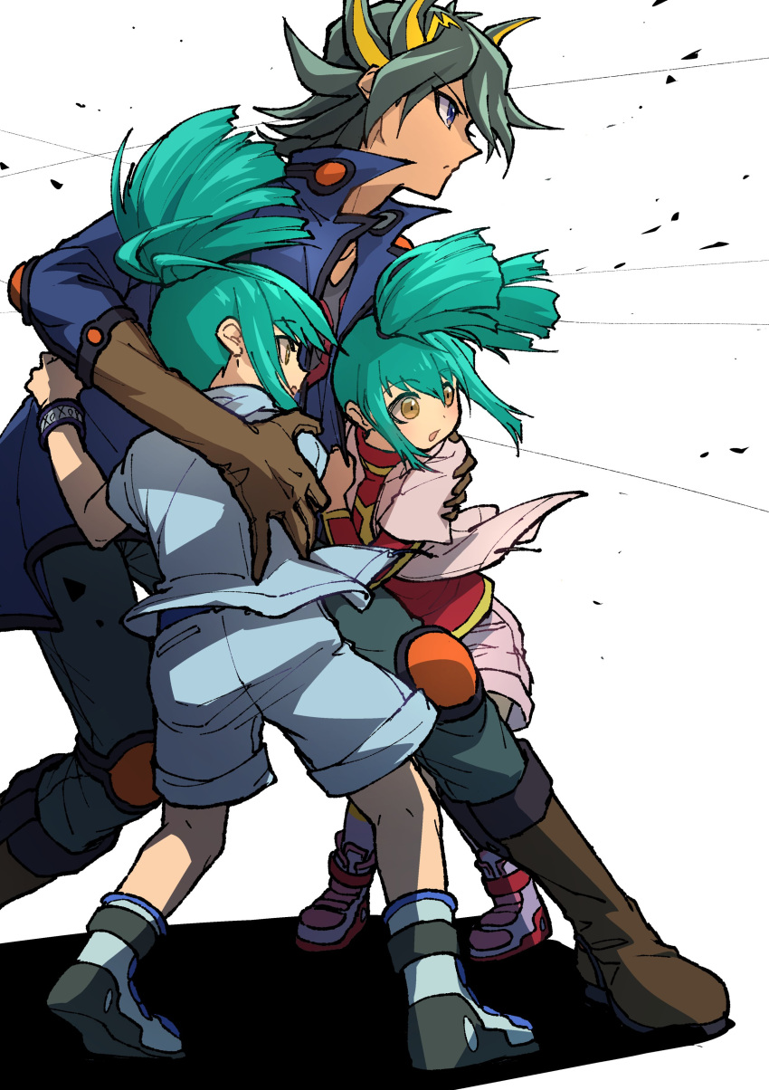 1girl 2boys :o absurdres arm_on_another's_shoulder battle battlefield black_hair black_shirt blue_eyes blue_footwear blue_jacket blue_shorts boots brother_and_sister brown_eyes brown_footwear brown_gloves child clothes_grab fudou_yuusei gloves grabbing green_hair hand_on_another's_back high_collar high_ponytail highres jacket knee_pads lua_(yu-gi-oh!) luca_(yu-gi-oh!) male_focus multicolored_hair multiple_boys open_clothes open_jacket padded_jacket pants pink_footwear pink_jacket pink_shorts protecting red_shirt serious shadow shirt short_hair short_ponytail short_twintails shorts siblings sidelocks spiky_hair standing streaked_hair sweater turtleneck turtleneck_sweater twins twintails white_background wind wristband youko-shima yu-gi-oh! yu-gi-oh!_5d's