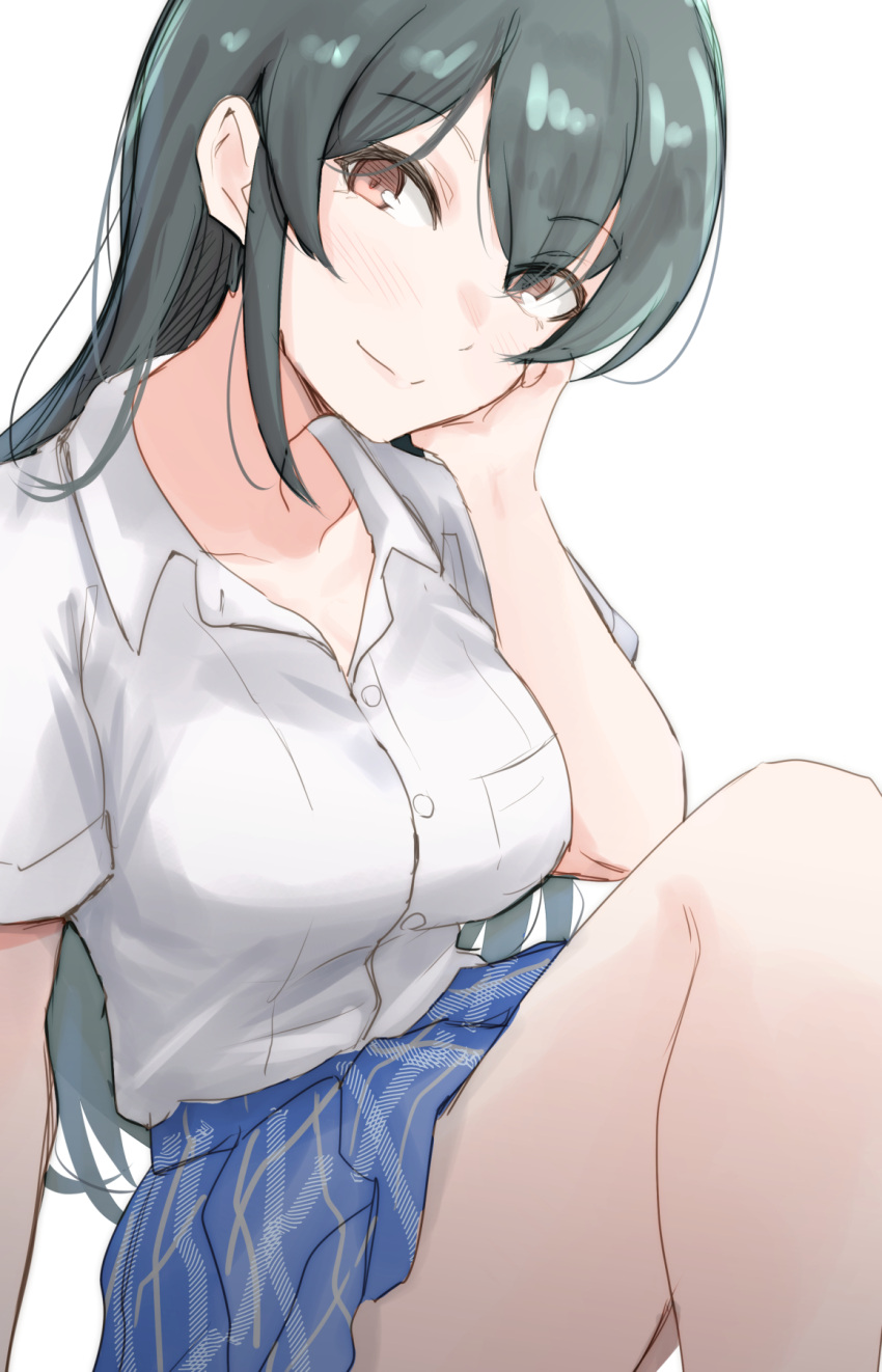1girl blue_skirt blush breasts brown_eyes closed_mouth collarbone dot_nose green_hair hand_on_own_cheek hand_on_own_face hand_up highres idolmaster idolmaster_cinderella_girls idolmaster_cinderella_girls_starlight_stage knee_up long_hair looking_at_viewer medium_breasts miniskirt ohishi_izumi plaid plaid_skirt pleated_skirt school_uniform shirt short_sleeves simple_background skirt smile solo unu_(unucence) white_background white_shirt