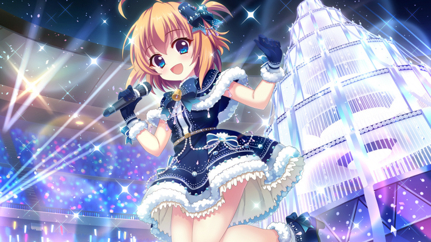 1girl :d ahoge bell blue_bow blue_capelet blue_dress blue_eyes blue_footwear blue_gloves bow capelet concert crowd dot_nose dress film_grain from_below game_cg gloves glowstick hair_bow hands_up high_heels holding holding_microphone idol idol_clothes izumi_tsubasu lens_flare looking_at_viewer microphone non-web_source object_request official_art open_mouth orange_hair re:stage! shikimiya_mana short_hair smile solo sparkle stage_lights