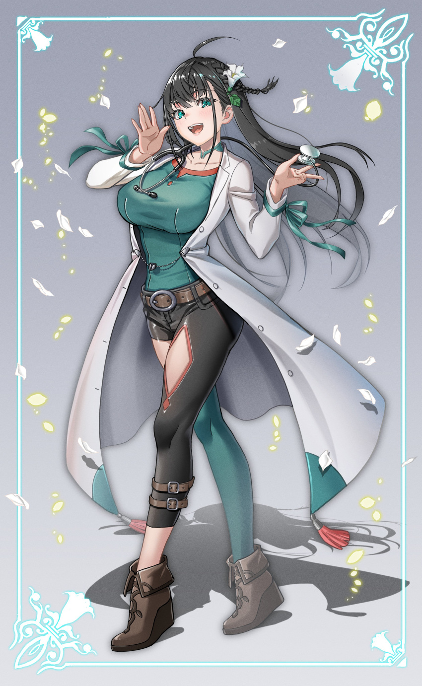 absurdres ahoge asymmetrical_pants belt black_hair boots bow braid breasts collarbone flower full_body gradient_background green_eyes highres holding_stethoscope indie_virtual_youtuber lab_coat large_breasts leaf lily_(flower) long_hair one_eye_closed open_mouth pants stethoscope suishougensou suzumori_anesu tight_clothes tight_pants virtual_youtuber