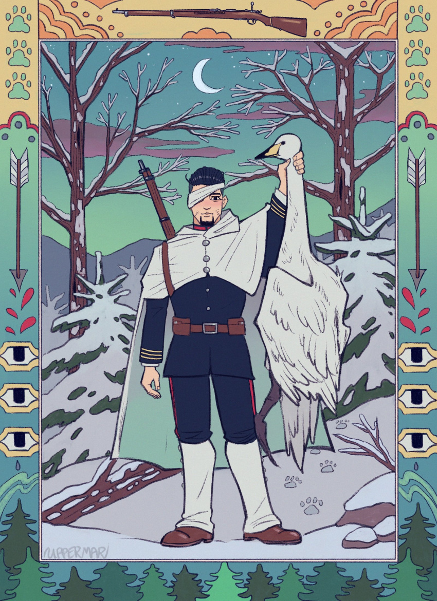1boy :| animal arm_at_side artist_name bandage_over_one_eye bare_tree belt bird black_eyes black_hair blue_jacket blue_pants blush brown_belt brown_footwear closed_mouth clouds crescent_moon expressionless facial_hair full_body goatee golden_kamuy goose gun hair_slicked_back hand_around_neck highres holding holding_animal jacket looking_at_viewer male_focus marmarta military_uniform moon night night_sky nose_blush ogata_hyakunosuke ornate_border outdoors pants pants_rolled_up paw_print rectangular_pupils rifle shoes sky snow solid_eyes solo star_(sky) tree undercut uniform weapon weapon_on_back white_leg_warmers winter