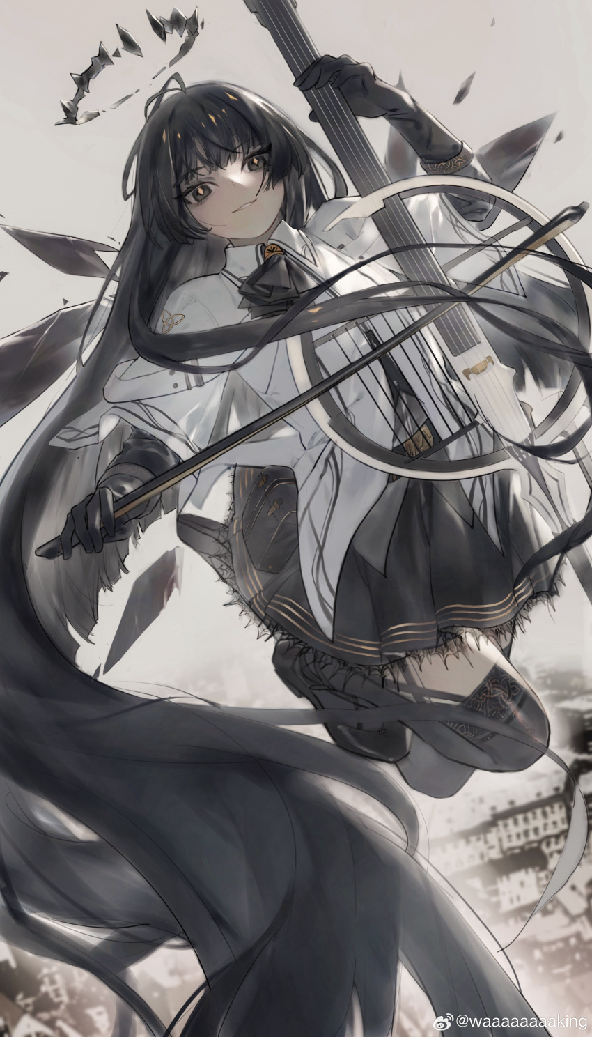 1girl absurdly_long_hair absurdres antenna_hair arknights artist_name ascot belt belt_buckle belt_pouch black_ascot black_belt black_bustier black_eyes black_footwear black_garter_straps black_gloves black_hair black_halo black_pouch black_skirt black_wings blunt_bangs blurry blurry_background bow_(music) breasts broken_halo buckle bustier buttons cello chinese_commentary cityscape clear_sky collared_jacket colored_inner_hair commentary_request dark_halo day depth_of_field detached_wings dress_shirt energy_wings eyelashes floating_hair flying from_side full_body garter_straps gloves grey_hair grey_shirt grey_sky halo hands_up high_heels highres hime_cut holding holding_bow_(music) holding_instrument holding_violin instrument jacket knee_up layered_sleeves leaning leaning_back long_hair long_sleeves looking_at_viewer looking_to_the_side miniskirt mole mole_under_eye multicolored_hair music outdoors outer_glow pale_skin parted_lips playing playing_instrument pleated_skirt pouch shade shirt short_over_long_sleeves short_sleeved_jacket short_sleeves sidelocks skirt sky smile solo strappy_heels sunlight teeth two-tone_hair very_long_hair violin virtuosa_(arknights) waaaaaaaaking watermark weibo_logo weibo_username white_belt white_jacket wide_sleeves wing_collar wings yellow_pupils zettai_ryouiki