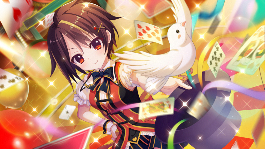 1girl balloon bandou_mikuru bird black_bow blonde_hair blurry blurry_foreground bow breasts brown_hair card dot_nose dove dutch_angle film_grain game_cg hair_ornament hairclip hand_on_own_hip hat izumi_tsubasu looking_at_viewer magician multicolored_hair non-web_source official_art playing_card puffy_short_sleeves puffy_sleeves re:stage! red_eyes short_hair short_sleeves small_breasts smile solo stage streaked_hair streamers top_hat two-tone_hair white_wrist_cuffs