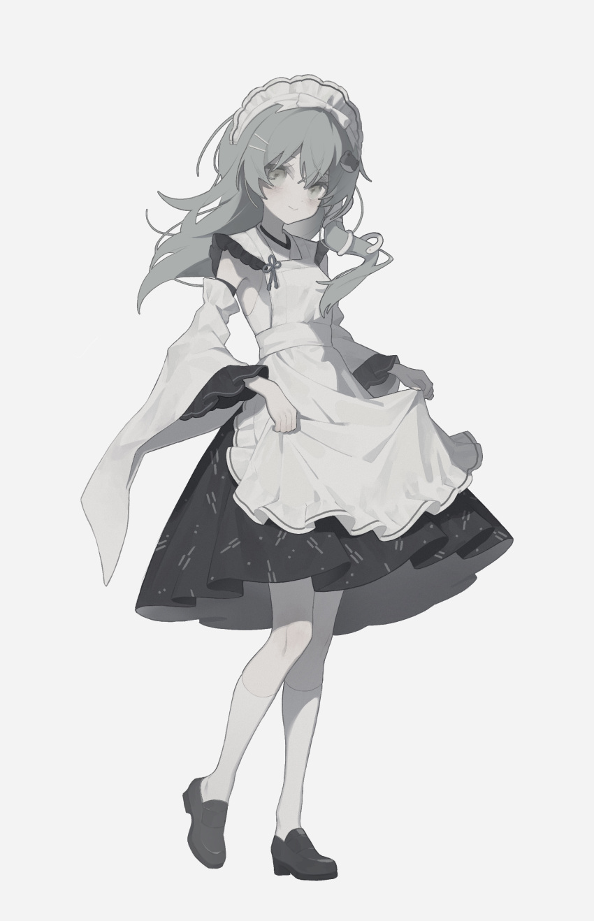 1girl absurdres alternate_costume apron apron_hold blush detached_sleeves enmaided frog_hair_ornament full_body hair_ornament highres kneehighs kochiya_sanae looking_at_viewer maid maid_apron maid_headdress muted_color rcs_4 simple_background single_sidelock smile snake_hair_ornament socks solo touhou white_apron white_background