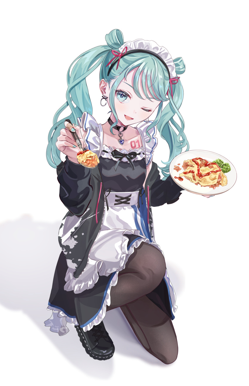1girl absurdres alternate_costume apron aqua_eyes aqua_hair black_dress black_pantyhose blush chest_tattoo choker curly_hair dress earrings enmaided food fork full_body green_hair hatsune_miku highres holding holding_fork incoming_food jewelry kneeling maid maid_apron maid_headdress nail_polish o-ring o-ring_choker omelet omurice one_eye_closed open_mouth pantyhose project_sekai smile solo tattoo twintails vivid_bad_squad_miku vocaloid vs0mr white_background