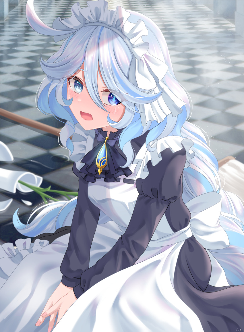 1girl absurdres alternate_costume apron ascot black_ascot blue_brooch blue_eyes blue_hair blush broken_vase checkered_floor commentary_request cowlick crying crying_with_eyes_open enmaided furina_(genshin_impact) genshin_impact heterochromia highres indoors juliet_sleeves light_blue_hair long_hair long_sleeves looking_at_viewer maid maid_apron maid_headdress mismatched_pupils multicolored_hair nigurasute open_mouth puffy_sleeves solo streaked_hair tearing_up tears white_hair