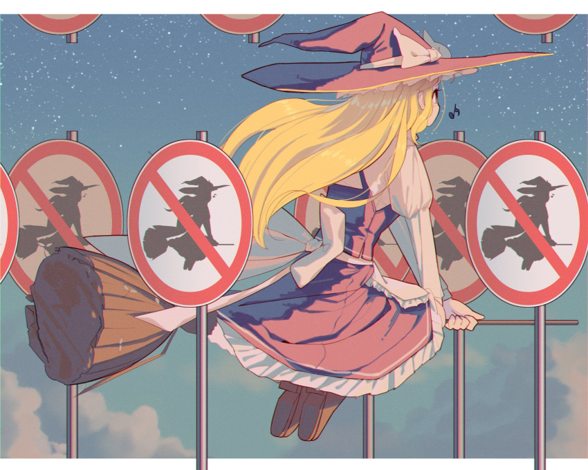 1girl black_dress blonde_hair broom broom_riding clouds dress hat highres housulu kirisame_marisa musical_note night night_sky no_entry_sign road_sign shirt sign sky solo star_(sky) touhou whistling white_shirt witch_hat