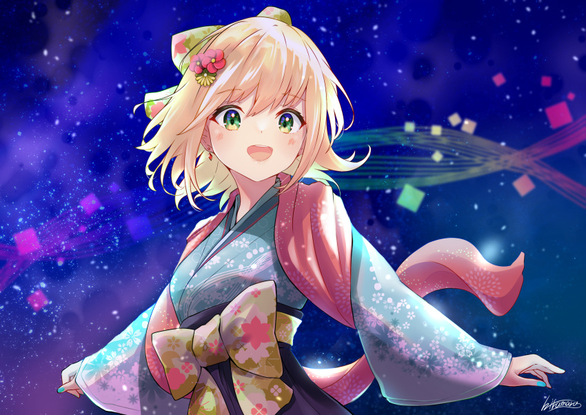 1girl :d black_hakama blonde_hair blue_kimono blue_nails blush bow breasts commentary_request earrings floral_print flower green_bow green_eyes hair_between_eyes hair_bow hair_flower hair_ornament hakama highres hilamaru japanese_clothes jewelry kimono long_sleeves looking_at_viewer medium_breasts nail_polish night night_sky original print_bow red_flower signature sky sleeves_past_wrists smile solo star_(sky) starry_sky teeth upper_teeth_only wide_sleeves yellow_flower