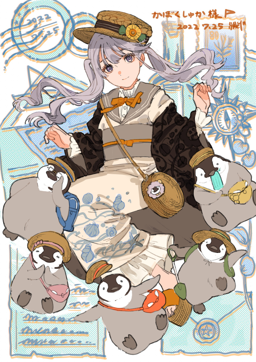 1girl absurdres adapted_costume animal artist_name bird black_jacket black_ribbon boater_hat brown_footwear cabbie_hat closed_mouth clothed_animal commentary commentary_request commission commissioner_name compass_rose dated flower food frilled_kimono frills grey_eyes grey_hair grey_sailor_collar grey_sash hands_up haori hat hat_flower highres indie_virtual_youtuber jacket japanese_clothes kimono long_hair long_sleeves looking_at_viewer neck_ribbon obi obijime okobo orange_ribbon penguin popsicle postcard print_jacket qooo003 ribbon round_bag sailor_collar sash second-party_source shirt skeb_commission smile stamp_mark straw_hat summer symbol-only_commentary syukapen twintails virtual_youtuber w_arms white_kimono white_shirt wide_sleeves