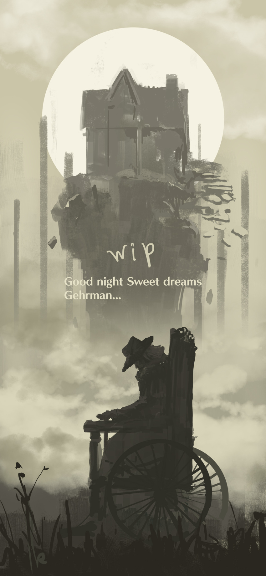 1boy absurdres bloodborne coat english_text from_side gehrman_the_first_hunter grass hat highres house long_sleeves moon outdoors short_hair sitting smoke solo tripdancer unfinished wheelchair