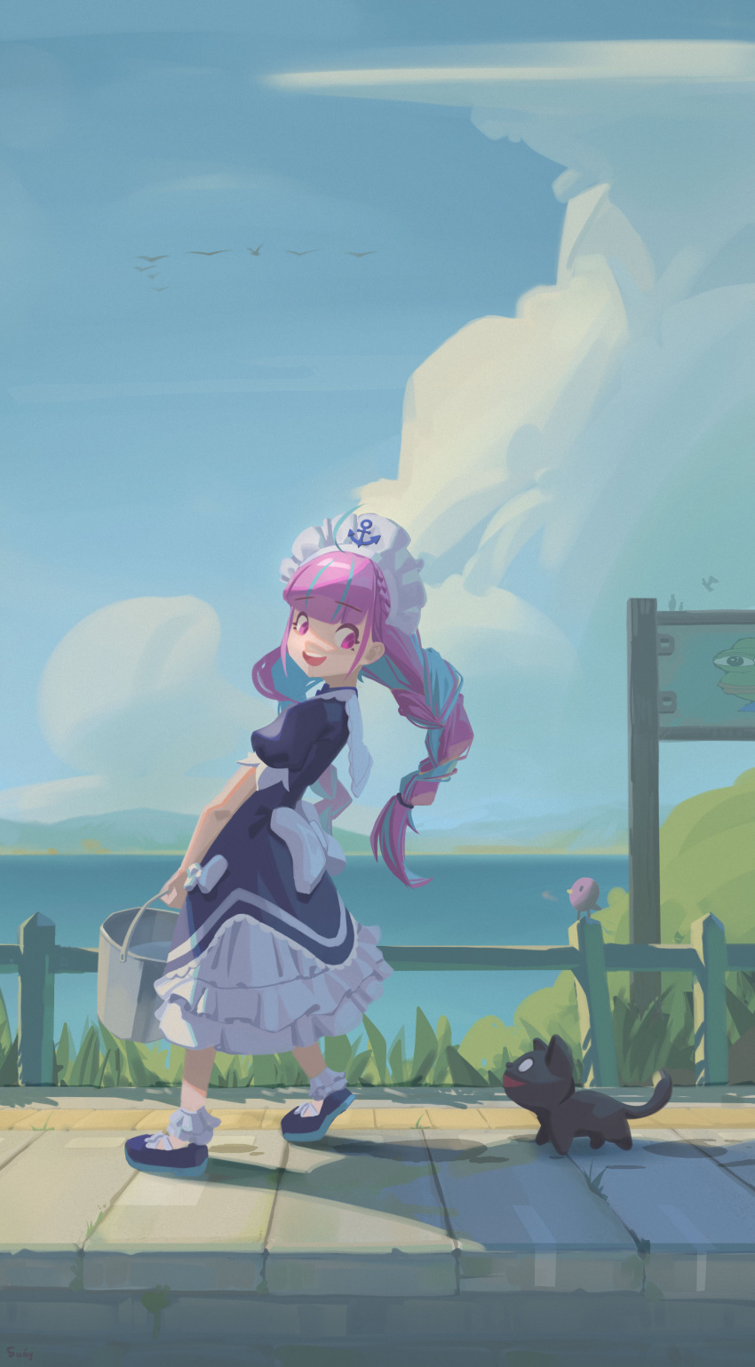 1girl 1other absurdres anchor_print anchor_symbol bird blue_footwear blue_hair blue_sky braid bucket bucket_of_water cat clouds colored_inner_hair commentary fence frilled_sailor_collar frills grass highres holding holding_bucket hololive long_hair looking_back maid maid_headdress mazzenka minato_aqua mole mole_under_eye multicolored_hair neko_(minato_aqua) no_socks ocean open_mouth outdoors purple_hair sailor_collar sidewalk sign sky streaked_hair twintails two-tone_hair violet_eyes virtual_youtuber walking wooden_fence