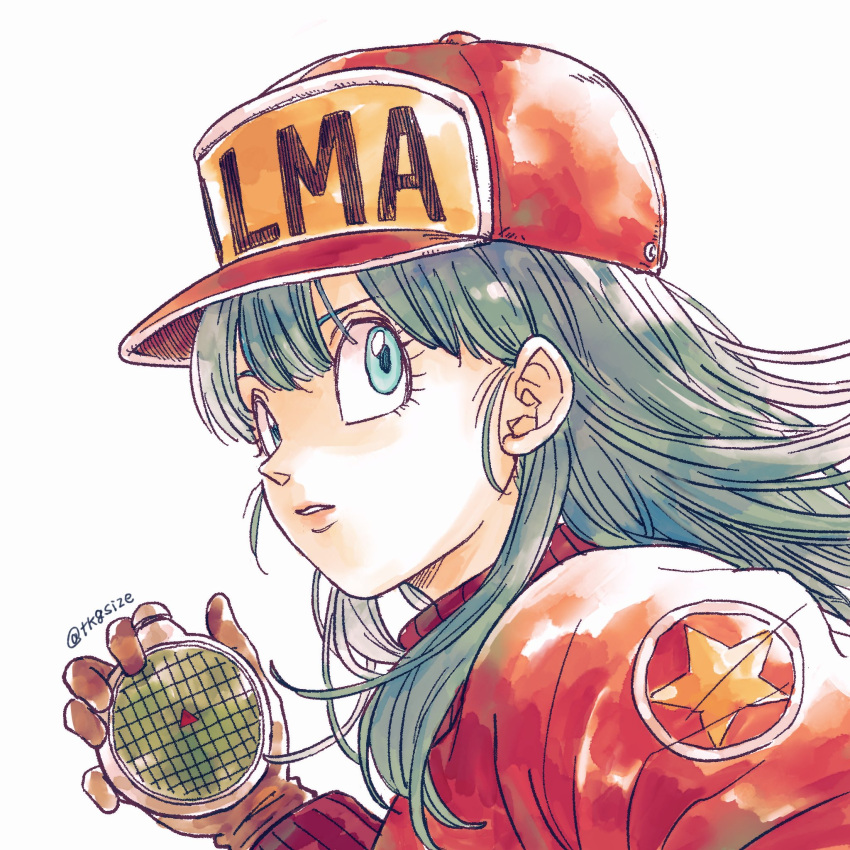 1girl aqua_eyes aqua_hair baseball_cap blunt_bangs brown_gloves bulma character_name close-up clothes_writing commentary dragon_ball dragon_ball_(classic) dragon_radar expressionless eyelashes facing_viewer floating_hair gloves hair_behind_ear hair_over_shoulder hand_up hat highres holding jacket letterman_jacket lips looking_afar medium_hair parted_lips red_headwear red_jacket shade sideways_glance simple_background solo star_(symbol) straight_hair tareme tkgsize twitter_username upper_body white_background