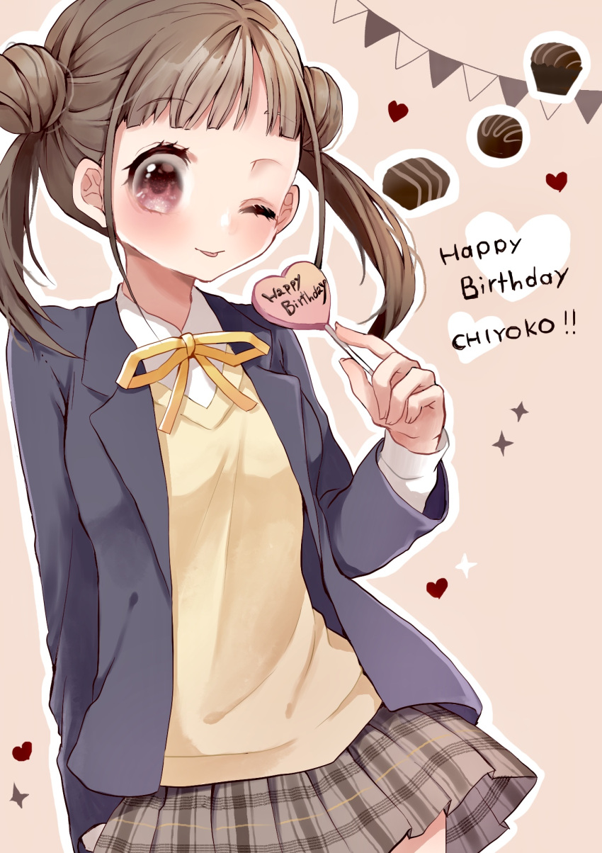 1girl 55_(pm5_55) ;p black_jacket blazer blunt_bangs blush brown_hair brown_skirt character_name chocolate double_bun food hair_bun happy_birthday heart highres holding holding_food idolmaster idolmaster_shiny_colors jacket looking_at_viewer neck_ribbon one_eye_closed outline plaid plaid_skirt pleated_skirt red_eyes ribbon school_uniform skirt solo sonoda_chiyoko sparkle tongue tongue_out twintails vest white_outline yellow_ribbon yellow_vest