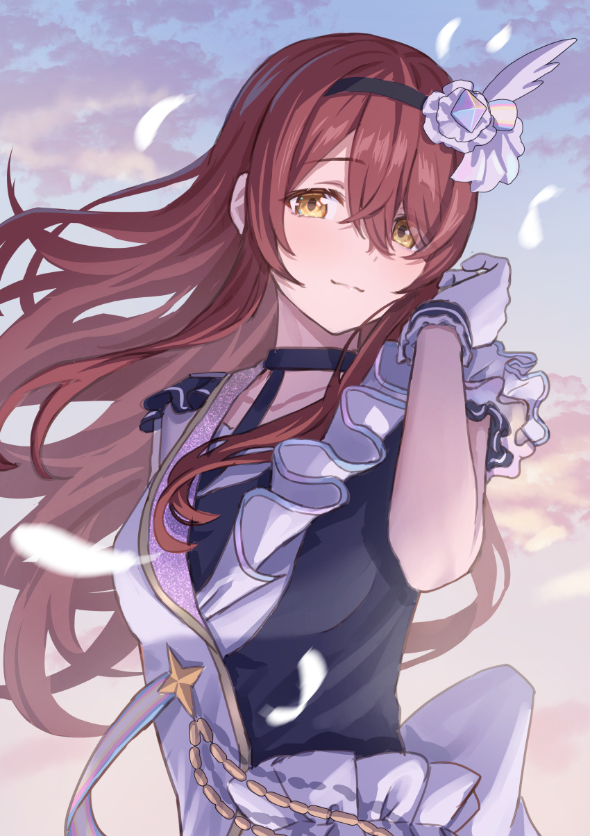 1girl absurdres asymmetrical_clothes black_choker blush brown_hair choker collarbone commentary_request falling_feathers floating_hair gloves hair_between_eyes highres idolmaster idolmaster_shiny_colors light_smile long_hair looking_at_viewer osaki_tenka outdoors simoumi_217 solo upper_body very_long_hair white_gloves wing_hair_ornament yellow_eyes