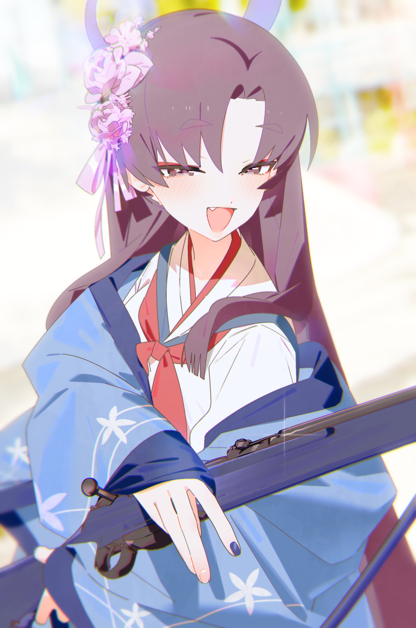 1girl absurdres blue_archive blush bm_tol eyeshadow fang fingernails flower gun hair_flower hair_ornament halo haori highres holding holding_gun holding_weapon japanese_clothes long_hair long_sleeves looking_at_viewer makeup neckerchief open_mouth pink_flower purple_hair purple_halo red_eyeshadow red_neckerchief sailor_collar smile solo upper_body violet_eyes weapon white_sailor_collar wide_sleeves yukari_(blue_archive)