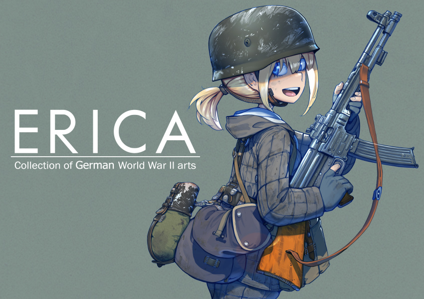 1girl absurdres arial_(font) artist_name assault_rifle belt blonde_hair bottle canteen combat_helmet comiket_102 commentary_request cover english_commentary english_text erica_(naze1940) finger_on_trigger from_side gloves green_headwear grey_background grey_gloves grey_jacket grey_pants grey_theme gun gun_sling helmet highres holding holding_gun holding_weapon hood hood_down hooded_jacket jacket load_bearing_equipment long_sleeves looking_at_viewer looking_back low_ponytail medium_hair military military_jacket mixed-language_commentary mkb42 open_mouth original padded_jacket padded_pants pants partially_fingerless_gloves pouch rifle scratched_paint scratches smile soldier solo stahlhelm teeth upper_body upper_teeth_only water_bottle weapon world_war_ii