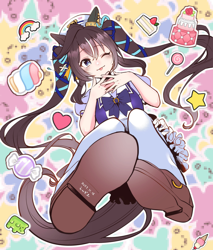 absurdres animal_ears blue_eyes blush brown_hair cake candy commentary_request endo_(endoooo_uma) food hair_between_eyes hair_ornament hat highres horse_ears horse_girl lollipop looking_at_viewer one_eye_closed school_uniform shoes thigh-highs tongue tongue_out tracen_school_uniform twintails umamusume vivlos_(umamusume)