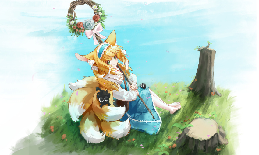 1girl absurdres animal_ears animal_on_tail arknights barefoot black_cat blonde_hair blue_skirt blush cardigan cat colored_tips commentary fox_ears fox_girl fox_tail full_body green_eyes grin heixiu highres holding holding_staff kitsune kyuubi long_hair long_sleeves luo_xiaohei luo_xiaohei_zhanji multicolored_hair multiple_tails puffy_long_sleeves puffy_sleeves sitting skirt smile staff susuky suzuran_(arknights) tail tree_stump white_cardigan