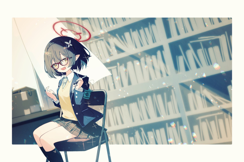 1girl armband ayane_(blue_archive) black_hair black_skirt black_socks blue_archive blue_armband blue_coat blue_necktie blush bookshelf border box braid butterfly_hair_ornament cardboard_box coat collared_shirt commentary_request crown_braid double-parted_bangs feet_out_of_frame glasses hair_between_eyes hair_ornament halo highres holding holding_pen kasuga_haruhi long_sleeves looking_at_viewer necktie on_chair open_clothes open_coat open_mouth outside_border pen plaid plaid_skirt pleated_skirt pointy_ears red-framed_eyewear red_halo school_uniform shirt short_hair sitting skirt smile socks solo sweater_vest white_border white_shirt yellow_eyes yellow_sweater_vest