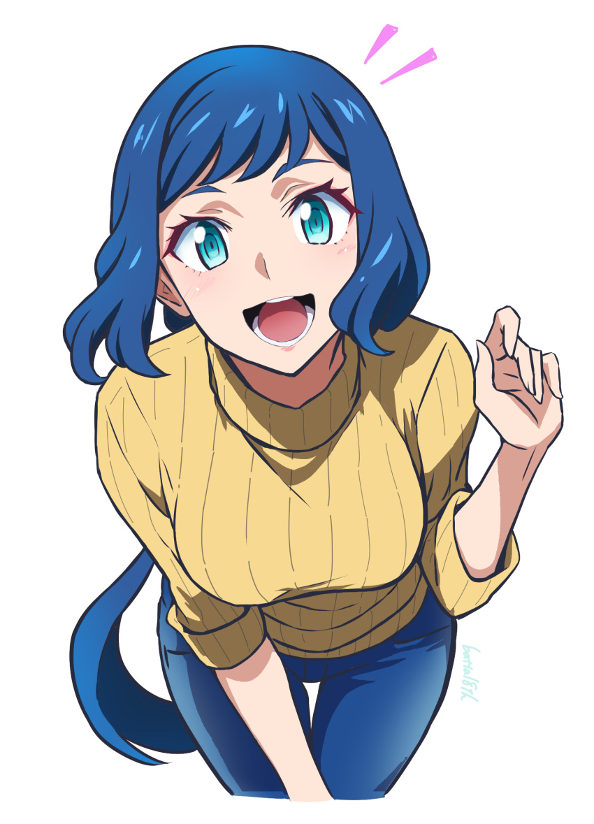 1girl :d aqua_eyes batta_16-sei blue_hair blue_pants blush breasts commentary cowboy_shot denim gundam gundam_build_fighters happy highres iori_rinko jeans leaning_forward long_hair looking_at_viewer low_ponytail mature_female medium_breasts open_mouth pants ribbed_sweater signature simple_background smile solo standing sweater swept_bangs thigh_gap turtleneck turtleneck_sweater white_background yellow_sweater