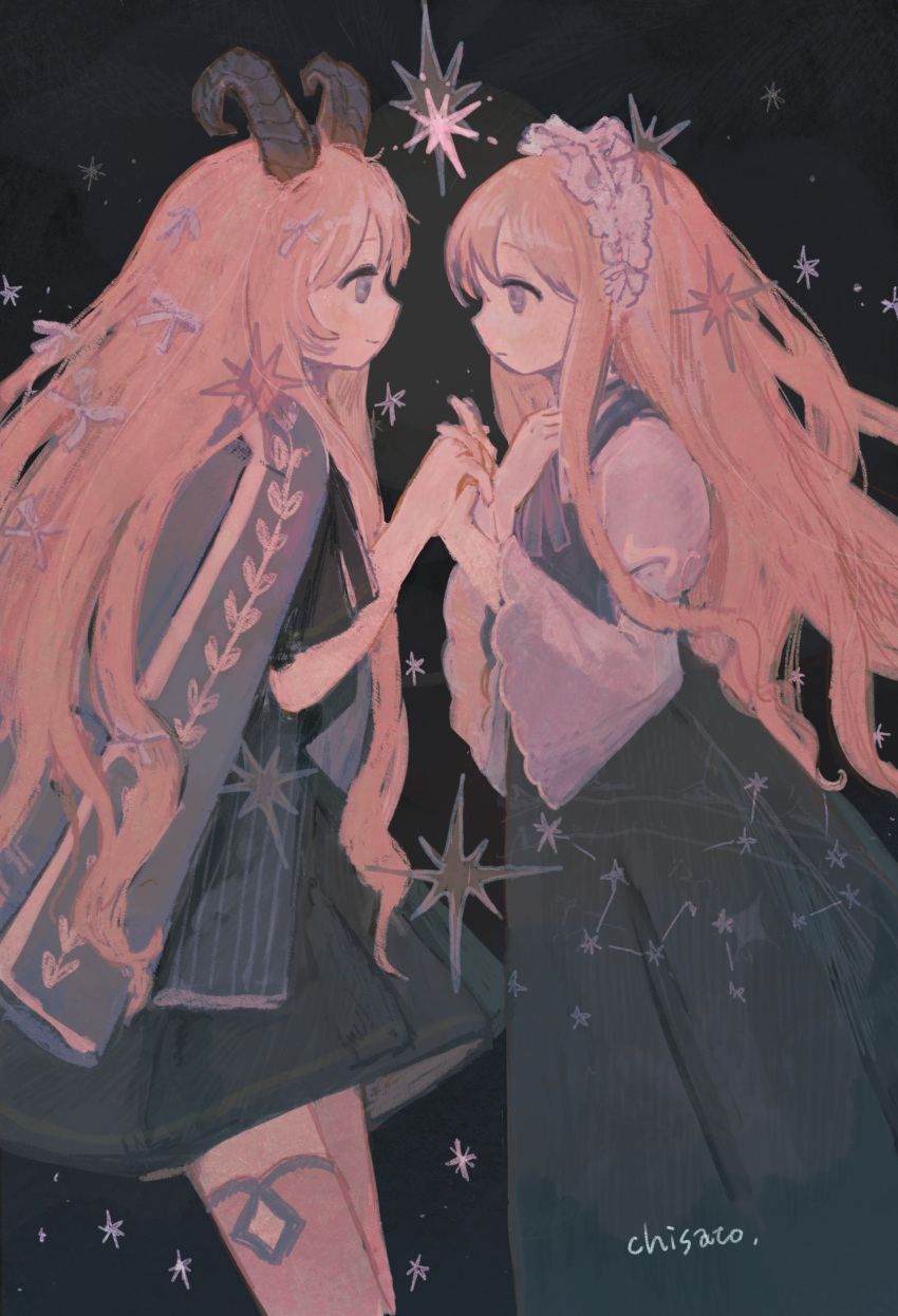 2girls absurdres artist_name black_background black_dress blonde_hair bow cape chisato_charme closed_mouth commentary_request constellation curled_horns dress eye_contact face-to-face feet_out_of_frame floating_hair frilled_hairband frills from_side grey_eyes hair_bow hairband hand_on_own_chest hands_up highres holding_hands horns juliet_sleeves long_hair long_sleeves looking_at_another multiple_girls multiple_hair_bows original pinafore_dress profile puffy_sleeves short_dress short_sleeves sleeveless sleeveless_dress smile standing star_(symbol) white_bow white_hairband wide_sleeves
