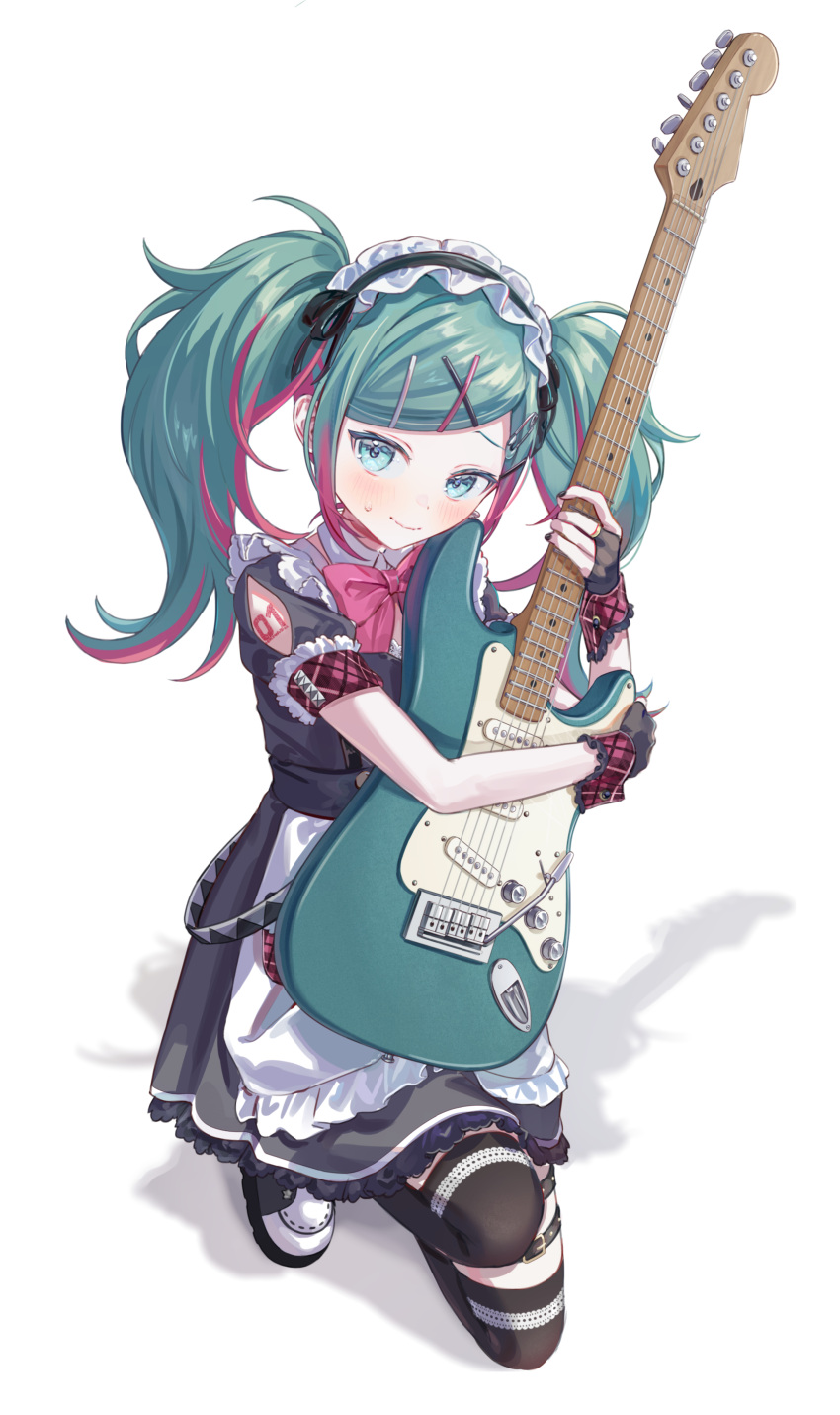 1girl absurdres alternate_costume apron arm_tattoo blue_eyes blush bow bowtie enmaided fingerless_gloves full_body gloves green_hair hatsune_miku highres holding_guitar kneeling leo/need_miku long_hair looking_to_the_side maid maid_apron maid_headdress multiple_hairpins nail_polish pink_bow pink_bowtie pink_hair pink_ribbon project_sekai ribbon shy smile striped striped_thighhighs sweat tattoo thigh-highs twintails vocaloid vs0mr white_background