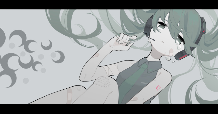1girl bandaid bandaid_on_arm bandaid_on_face bandaid_on_leg bare_shoulders collared_shirt commentary crying feet_out_of_frame green_eyes green_hair green_necktie grey_background grey_shirt hair_between_eyes hand_up hatsune_miku headset highres letterboxed long_hair looking_at_viewer myomuron necktie pale_color parted_lips rolling_girl_(vocaloid) shirt solo tears vocaloid wing_collar