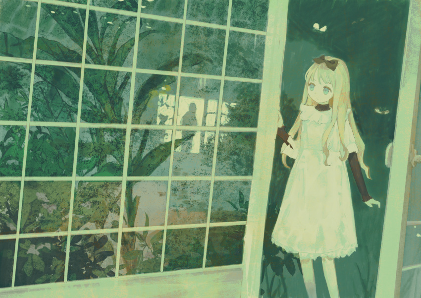 1girl absurdres black_bow black_shirt black_undershirt blonde_hair blue_eyes bow bug butterfly chisato_charme closed_mouth commentary dress expressionless feet_out_of_frame foliage green_background green_theme hair_bow hand_on_wall highres layered_sleeves long_hair long_sleeves looking_ahead open_door original plant shirt short_over_long_sleeves short_sleeves sidelocks silhouette solo_focus standing symbol-only_commentary turtleneck white_dress window