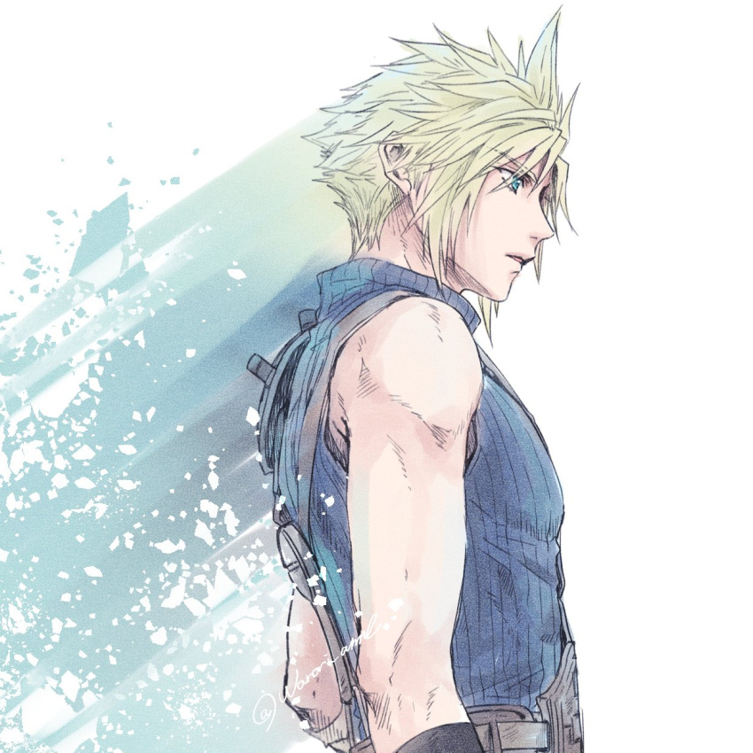 1boy armor blonde_hair blue_eyes blue_sweater cloud_strife commentary final_fantasy final_fantasy_vii final_fantasy_vii_remake from_side highres male_focus parted_lips profile ribbed_sweater short_hair shoulder_armor single_bare_shoulder sleeveless sleeveless_turtleneck solo spiky_hair suspenders sweater turtleneck turtleneck_sweater upper_body warori_anne