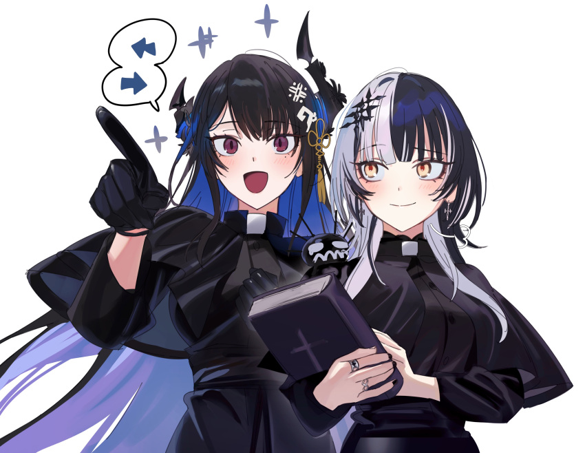 2girls absurdres alternate_costume arrow_(symbol) asymmetrical_horns black_capelet black_dress black_gloves black_hair black_horns black_nails blue_hair blush book capelet cassock clerical_collar closed_mouth colored_inner_hair commentary cross cross_earrings demon_horns dress earrings english_commentary fingerless_gloves flower_knot gloves grey_hair hair_ornament highres holding holding_book hololive hololive_english horn_flower horns jewelry long_hair long_sleeves looking_ahead looking_at_another looking_to_the_side mole mole_under_eye multicolored_hair multiple_girls multiple_rings nail_polish nerissa_ravencroft open_mouth parted_bangs pointing red_eyes ring shiori_novella sidelocks simple_background slit_pupils smile speech_bubble split-color_hair spoken_object streaked_hair tassel tassel_hair_ornament two-tone_hair uneven_horns upper_body very_long_hair violet_eyes virtual_youtuber white_background white_hair yellow_eyes yomosaka yorick_(shiori_novella)