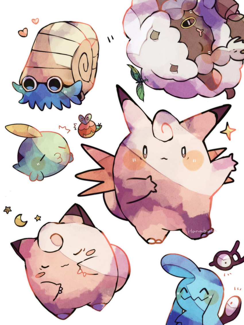animal_focus apple applin artist_name blue_skin clefable clefairy closed_eyes colored_skin commentary_request crescent_moon food fruit green_skin gulpin hanabusaoekaki highres moon no_humans omanyte one_eye_closed pink_skin pokemon pokemon_(creature) sheep shell simple_background solid_circle_eyes solid_oval_eyes star_(symbol) tail unown unown_a wavy_mouth white_background wool wooloo worm wynaut